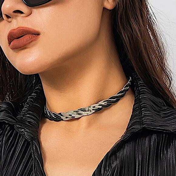 Twisted Sterling Silver Herringbone Choker Necklace - Picture 3 of 4